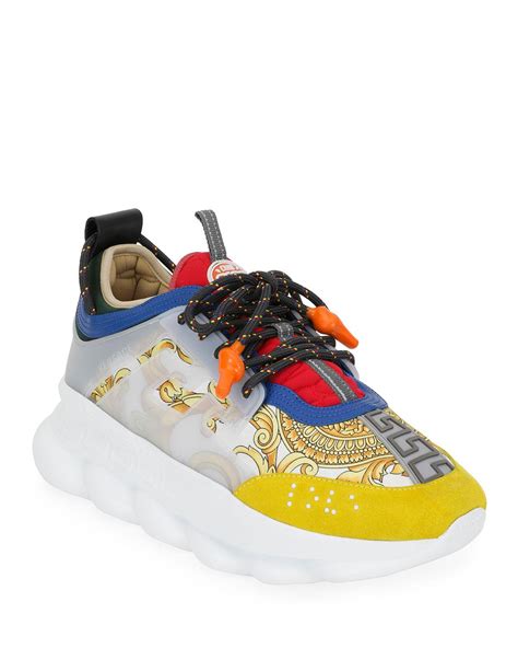 versace chain reaction leather and mesh trainers|versace greca sneakers men.